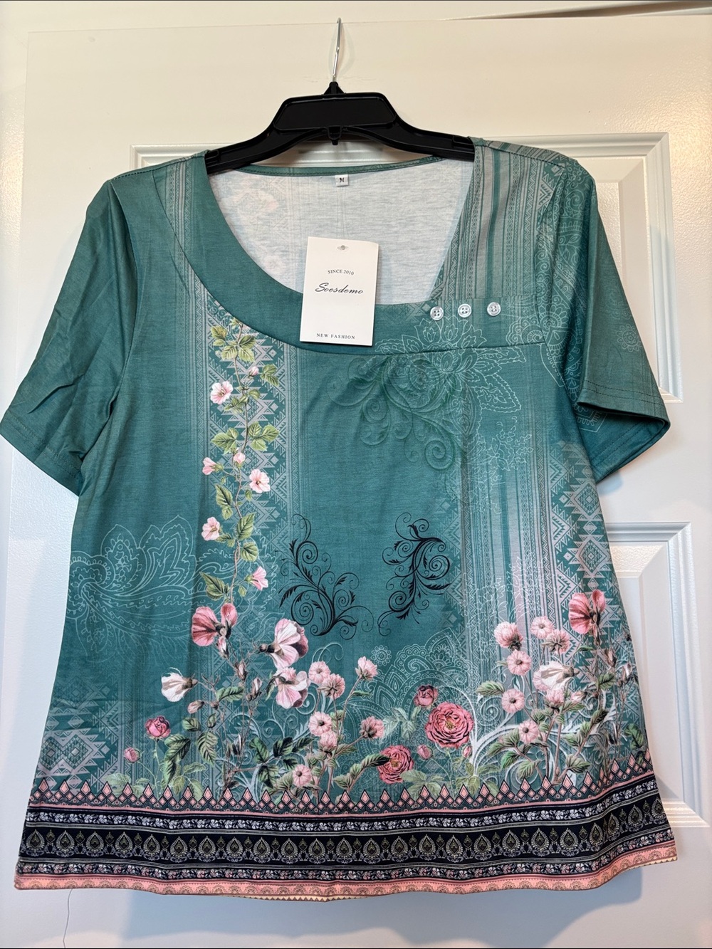 Teal Floral Scoop-Neck Short Sleeve Blouse